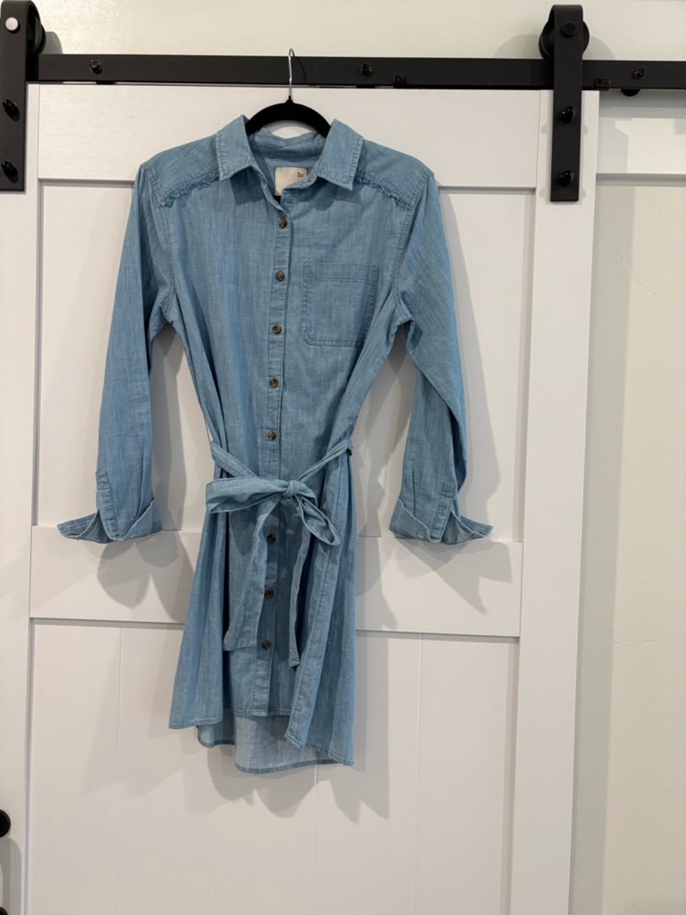 SO Light Blue Long Sleeve Denim Shirt Dress with Tie Waist